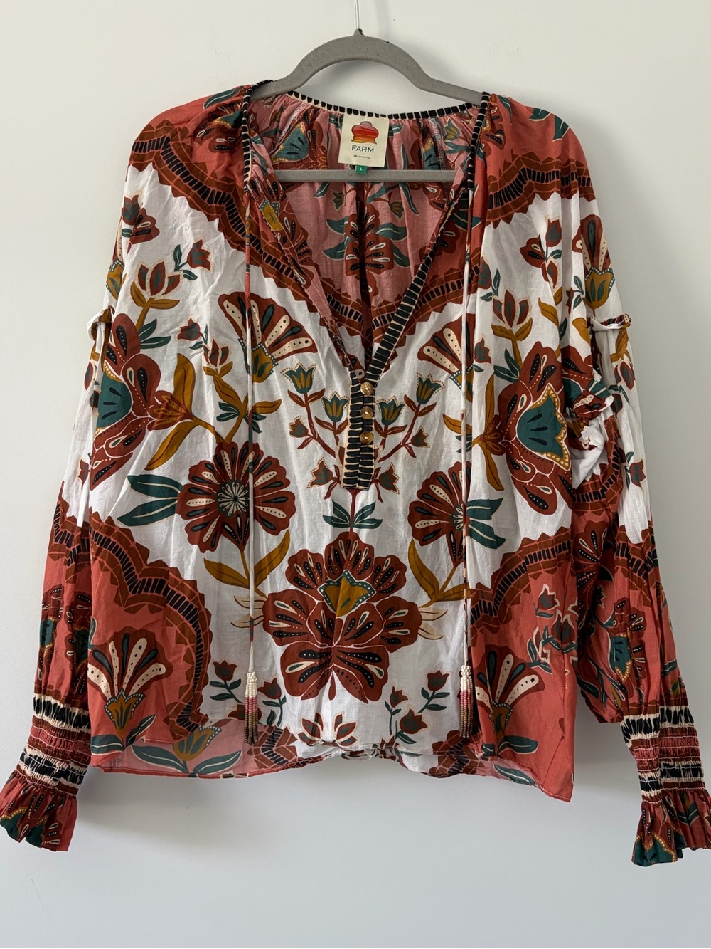 Farm Rio Anthropologie Riad Long Sleeve Ruffle V Neck Beaded Boho Blouse Large
